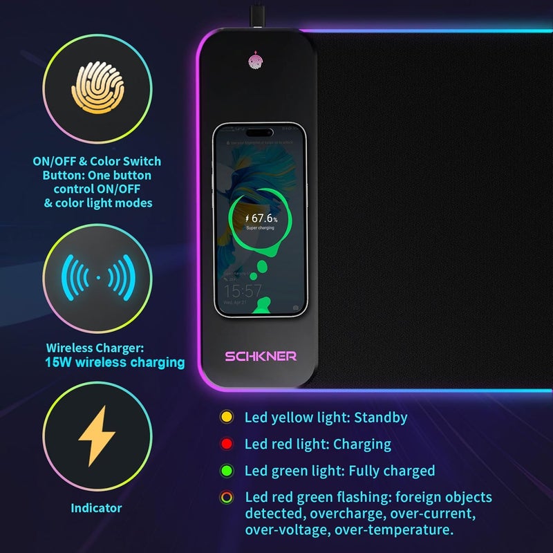 Schkner RGB Gaming Mouse Pad with Wireless Charging 15W, Large Desk Mat 800x300x4mm, 10 Light Modes Keyboard Pad with Non-Slip Rubber Base, Waterproof Mousepad for Gaming PC MacBook Laptop - Image 4